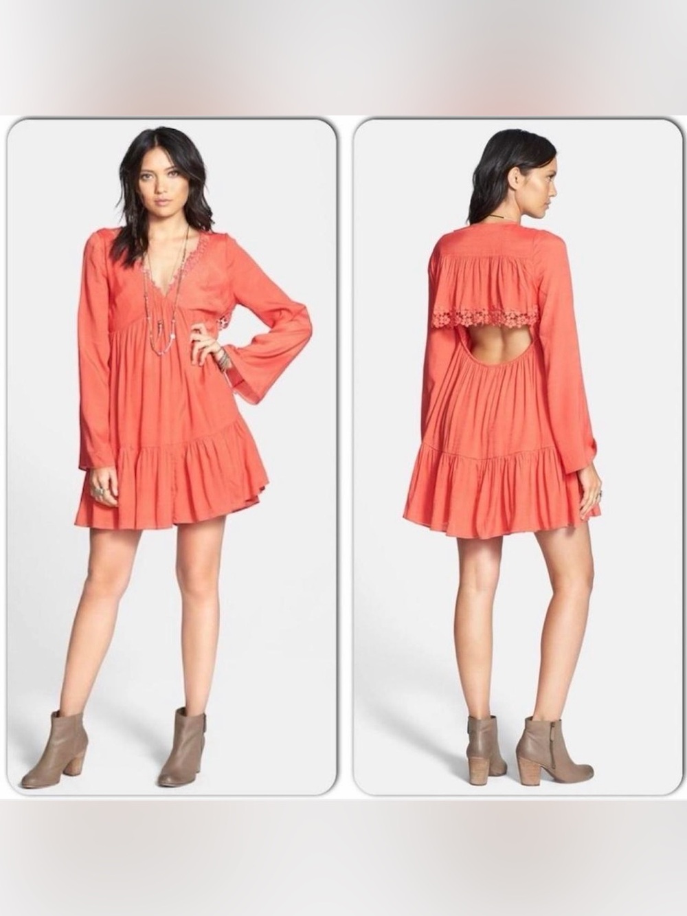 Free People Coral Open-Back Ruffle Mini Dress
